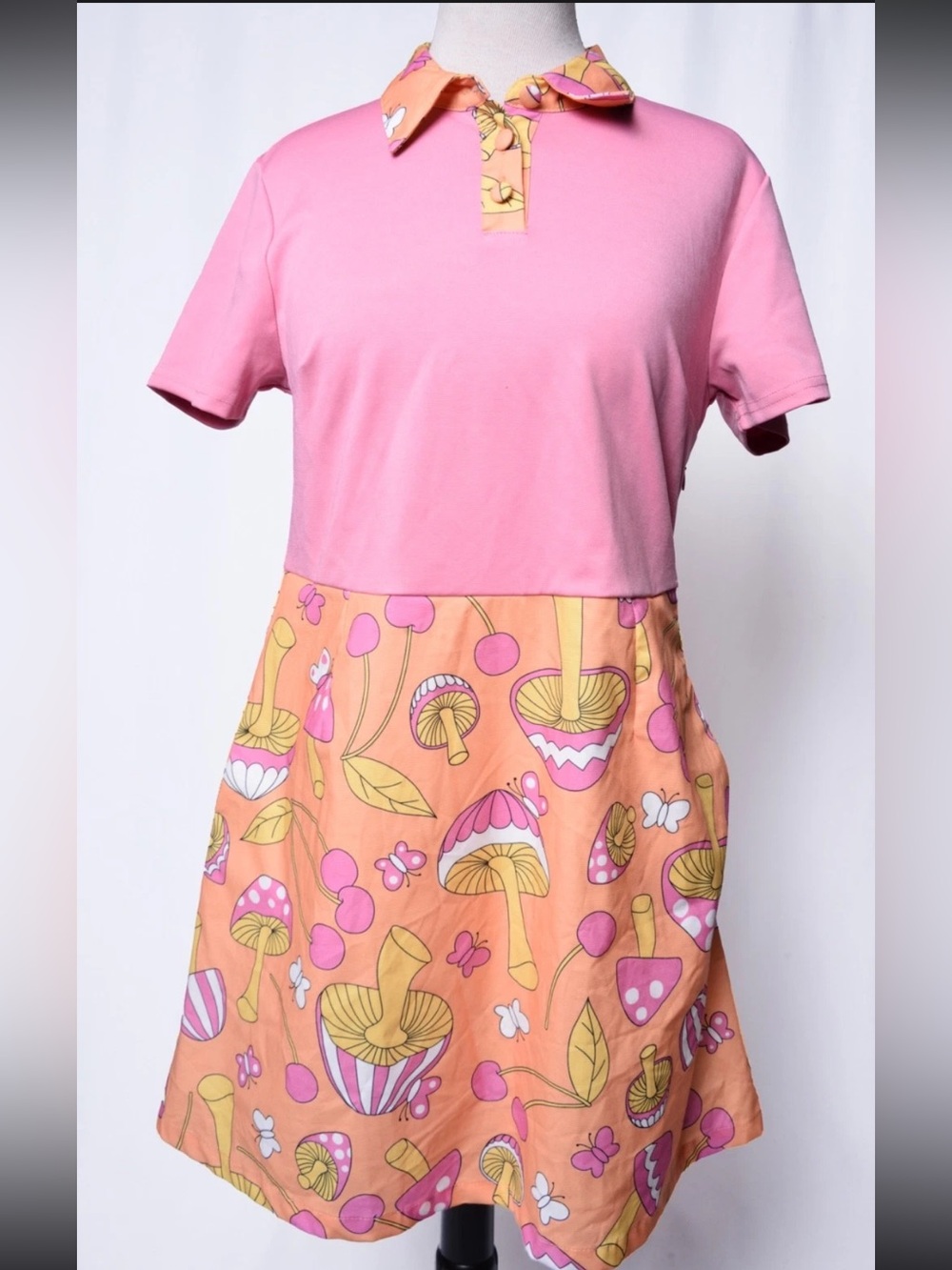 Unique Vintage Pink & Peach Mushroom Print Mini Dress